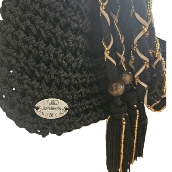 Hand Crafted Crochet Bucket Bag Tassel Beaded Drawstring Crossbody Purse Black - Picture 14 of 17